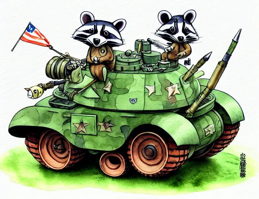 Prompt: cute and funny, racoon wearing army helmet riding in a tiny tank with large cannon, ratfink style by ed roth, centered award winning watercolor pen illustration, isometric illustration by chihiro iwasaki, edited by range murata