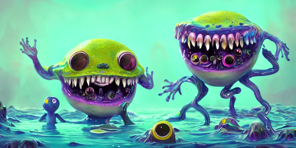 Prompt: of an intricate murky colorful lagoon with strange cute friendly happy creatures with huge eyes long tongue round teeth and funny face appearing from the water, in the style of craola, macro lens, shallow depth of field, highly detailed, digital painting, trending artstation, concept art, illustration, cinematic lighting, vibrant colors, photorealism, epic, octane render