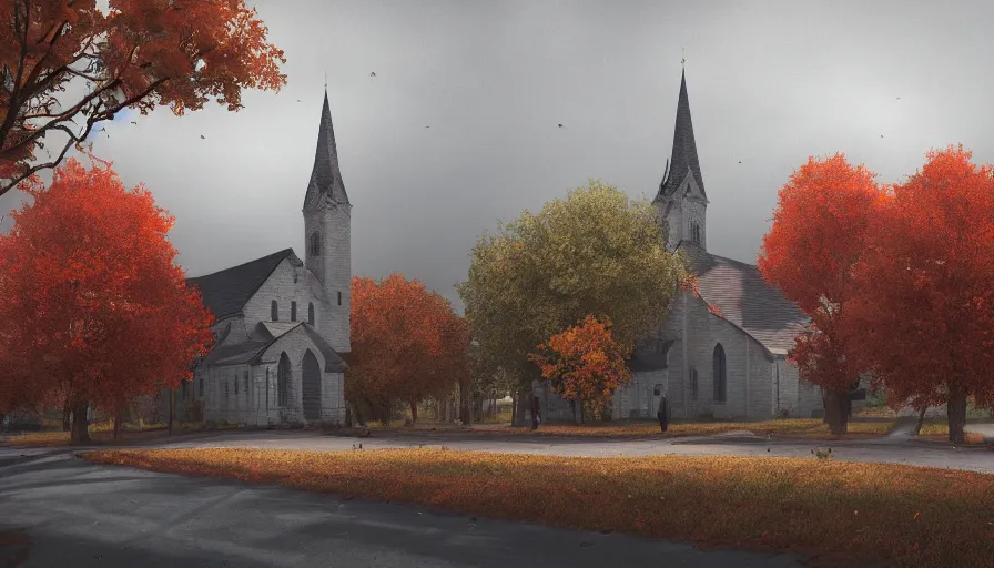 Image similar to small midwest town in autumn, church, leafs, grey sky, square, trees, hyperdetailed, artstation, cgsociety, 8 k