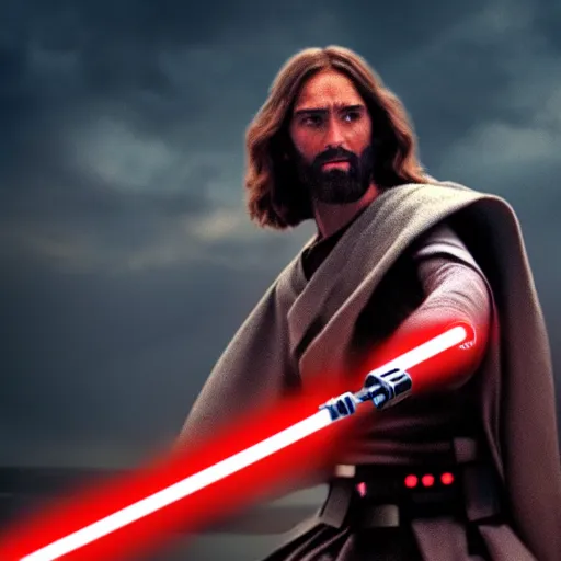 Image similar to jesus christ holding a lightsaber and fighting for the republic in star wars, 4 k, high resolution, still, landscape, hd, dslr, hyper realistic