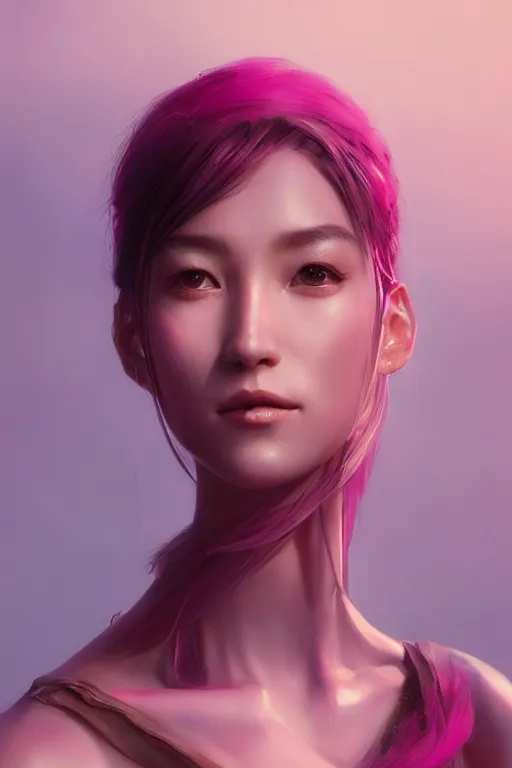 Image similar to a fancy portrait of an attractive alian women with pink skin by Greg Rutkowski, Sung Choi, Mitchell Mohrhauser, Maciej Kuciara, Johnson Ting, Maxim Verehin, Peter Konig, final fantasy , 8k photorealistic, cinematic lighting, HD, high details, atmospheric , trending on artstation