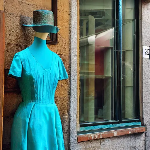 Image similar to victorian era turquoise dress on a manikin, trafalgar dress shop frontage, through the window, cobbled laneway, ambient lighting, cinematic quality, high octane, vray render, subsurface scatter, drum scanner intricate complexity, golden ratio, kojima, amano, charlie bowater museum piece, fine art