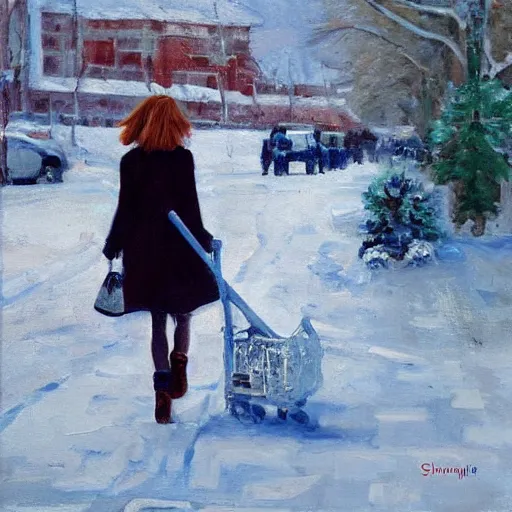 Image similar to emma stone in boots walking to outdoor toilet, russian depression, chthonic, by shulzhenko, nikolay kopeykin, lozhkin, vdovenko, oil painting art