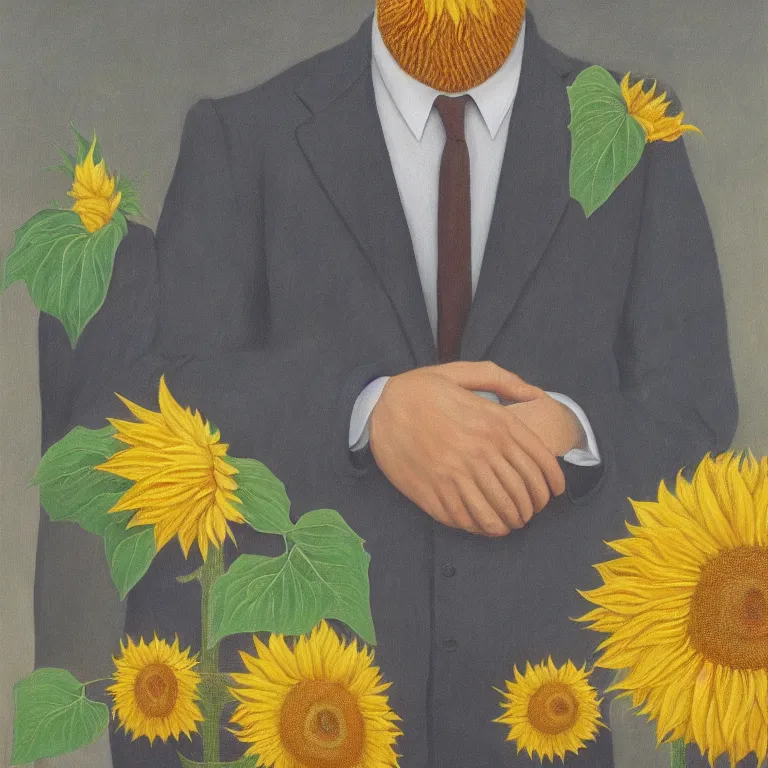 Image similar to portrait of a faceless sunflower - head man in a suit by rene magritte, detailed painting, distance, centered, hd, hq, high resolution, high detail, 4 k, 8 k