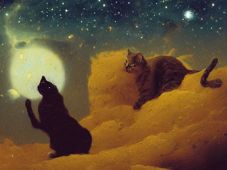 Image similar to an oil painting of a a cat in space, woth stars and nebula in the distance by beksinski carl spitzweg and tuomas korpi. baroque elements, full-length view. baroque element. intricate artwork by caravaggio. Trending on artstation. 8k