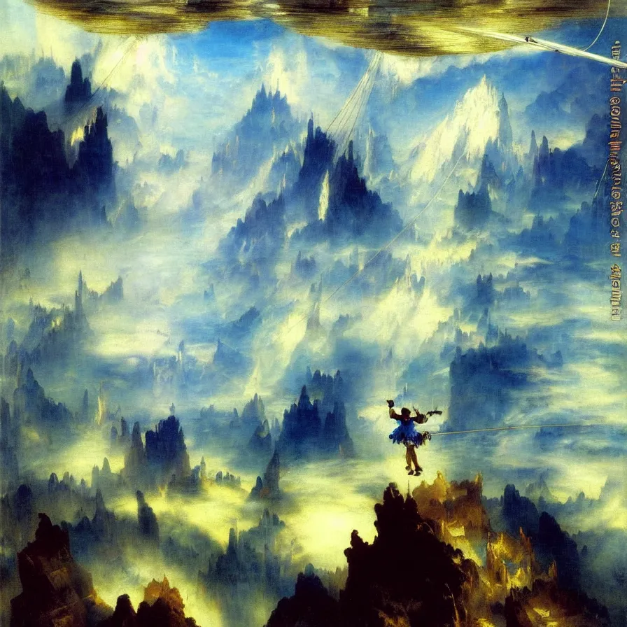 Image similar to a tightrope walker's view of the cloud city below. painted by thomas moran. blue and indigo color scheme.