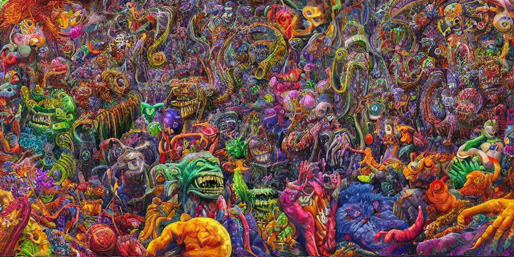 Prompt: a ultra high hyperdetailed painting with complex textures of a group of monsters united within a larger monster, made of candies and psychotropic psychoactive substances psychedelic fulcolor spiritual chaos surrealism horror bizarre psycho art