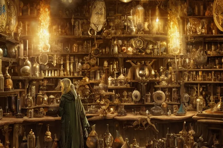 Image similar to Beautiful hyperrealistic detailed award winning photography of an alchemist in its alchemy shop filled with magical artifacts that looks like it's from lord of the rings and bazaar by greg rutkowski, andreas rocha and john howe, and Martin Johnson Heade,featured on artstation, ultrawide angle,f16 , golden ratio, f32, well composed, cohesive