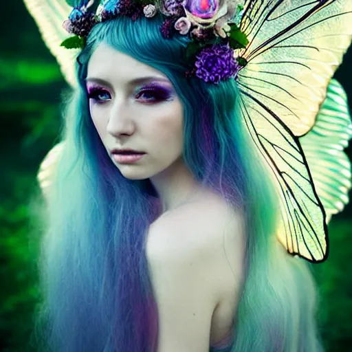 Prompt: magical portrait by bella kotak, beautiful enchanting fairy, translucent fairy wings, a forest clearing in the background, luminescent holographic colors, otherworldly, high fantasy art, soft glow, iridescent colors, ethereal and dreamlike, intricate design, fae elements, detailed shiny blonde hair, whimsical, atmospheric,
