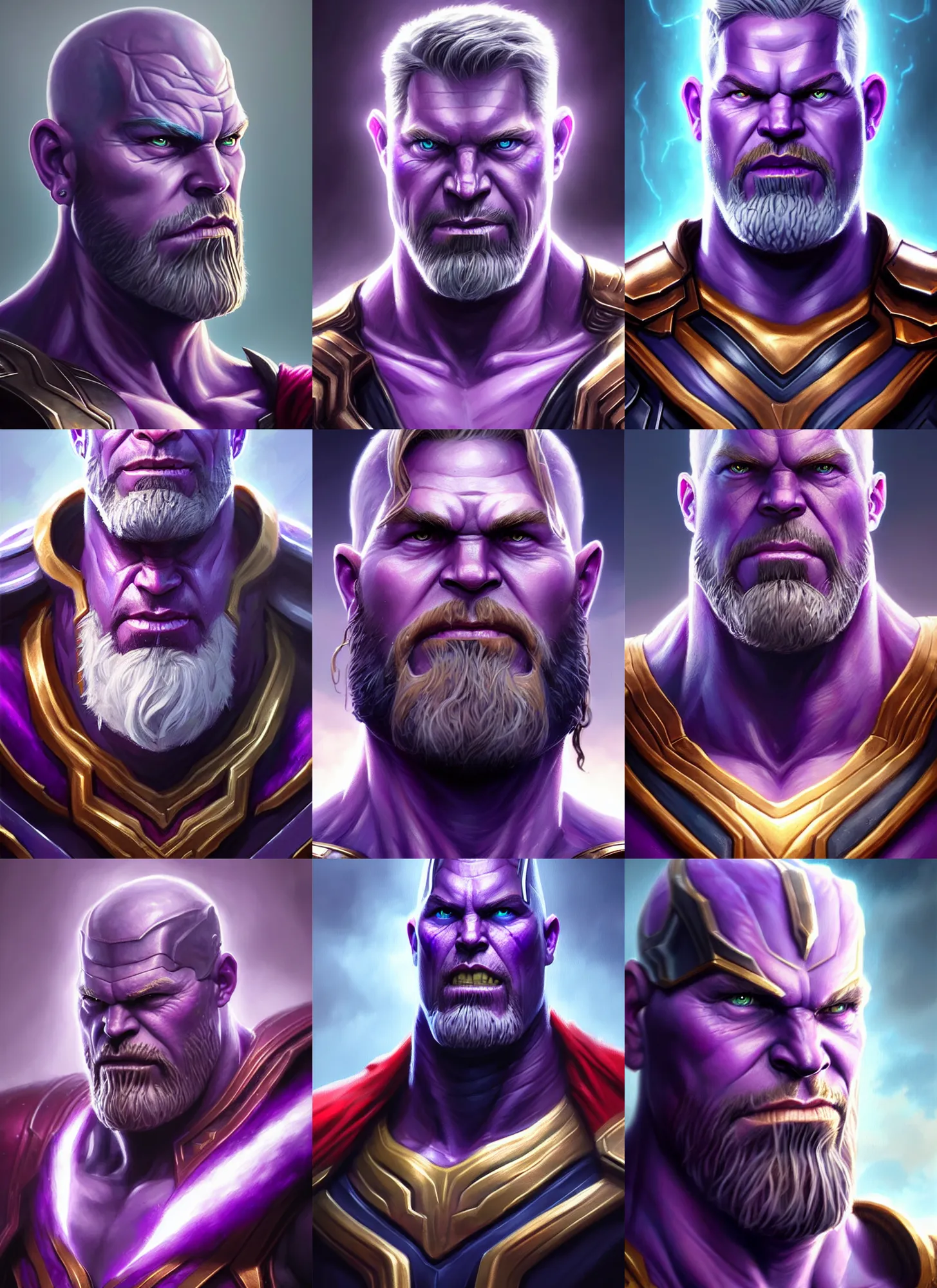 Prompt: a fantasy style portrait painting a character if thor odinson and thanos had a son, purple skin, powerful chin, thanos style traits, painting, unreal 5, daz., rpg, portrait, extremely detailed, artgerm greg rutkowski _ greg