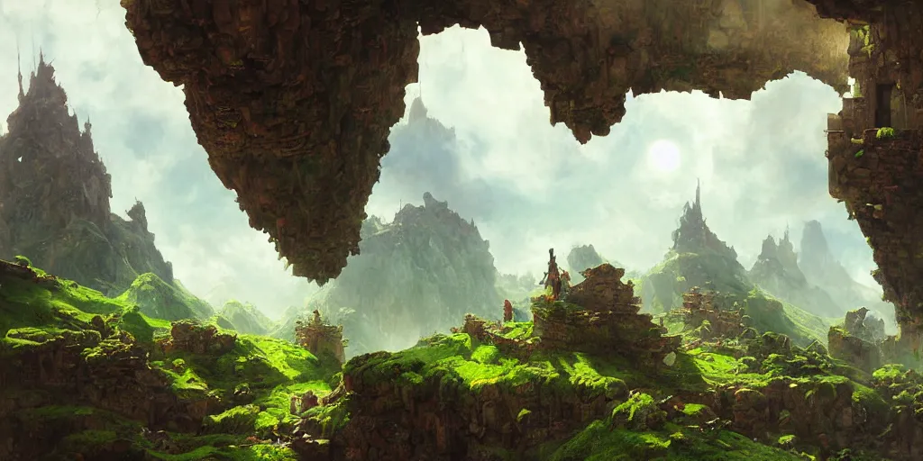 Prompt: towns, villages castles, buildings bytopia planescape huge cave ceiling clouds made of green earth inverted upsidedown mountain artstation illustration sharp focus sunlit vista painted by ruan jia raymond swanland lawrence alma tadema zdzislaw beksinski norman rockwell tom lovell alex malveda greg staples