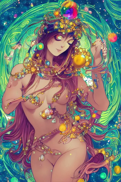 Image similar to psychedelic, acid trip, intricate, highly detailed, anime, 4k, beautiful seductive slime girl holding a huge orb containing the universe, with professional makeup, long trippy hair, surrounded by gems, underneath the stars, trending on patreon, deviantart, twitter, artstation, volumetric lighting, heavy contrast, by artgerm and Ilya Kuvshinov and alphonse mucha, interstellar galaxy