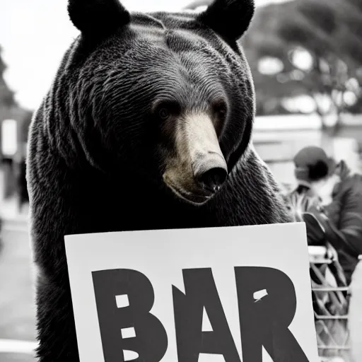 Image similar to ! bear! holding a sign that says bear, 5 0 mm lens, bokeh, good lighting