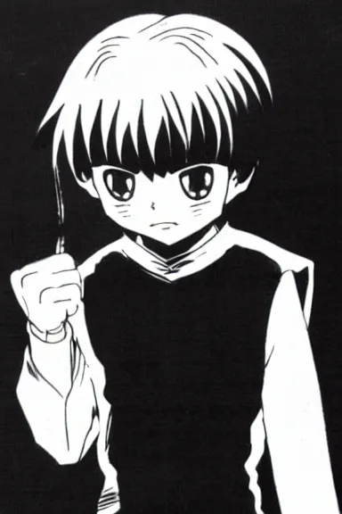 Image similar to attractive little boy in black cat suit, black and white artwork made by yoshihiro togashi,