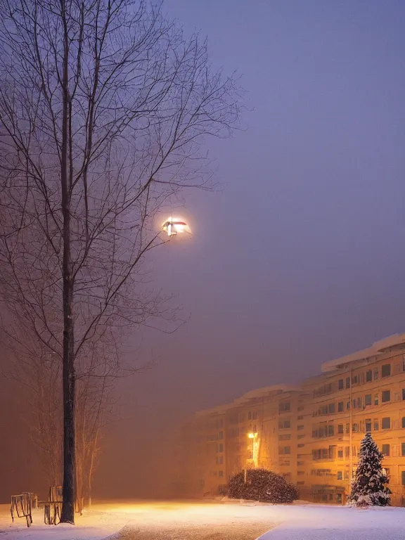 Image similar to beautiful film still of a residential block building in russian suburbs, low, lights are on in the windows, dark night, post - soviet courtyard, cozy and peaceful atmosphere, fog, cold winter, snowing, streetlamps with orange volumetric light, several birches nearby, elderly man stand at the entrance to the building