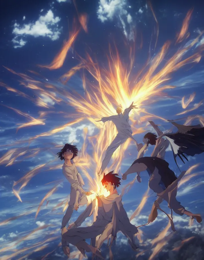 Image similar to fallen angels cast out of heaven by yusuke murata and makoto shinkai, fireballs, smoke, embers, meteors, angels, god rays, 8k, cel shaded, unreal engine, featured on artstation, pixiv