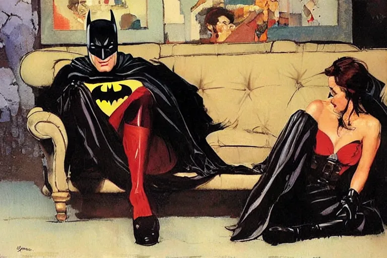 Image similar to batman sits on a sofa beside his wife and expresses his displeasure at the manner of her dress, painted by phil hale and rick berry and dean cornwell and norman rockwell and jeremy mann