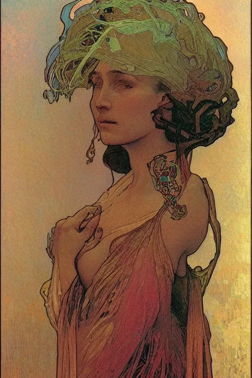 Image similar to woman portrait, alphonse mucha meet beksinski