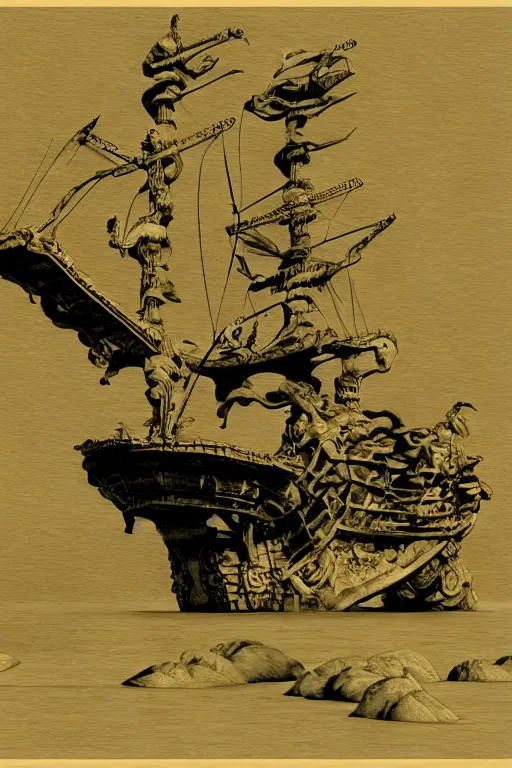 Image similar to a umberto brunelleschi and tsukioka yoshitoshi 3 d render of enormous robotic hands grabbing a pirate ship in the middle of the ocean, 1 9 9 8 render