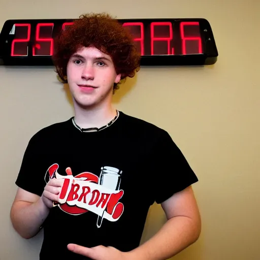 Image similar to 21 year old Jimmy John’s manager with pale skin and reddish brown curly hair is wearing a sleeveless black top and tapping a computer screen on the wall