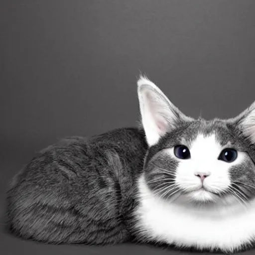 Prompt: cat morphed with a bunny, hybrid animal,