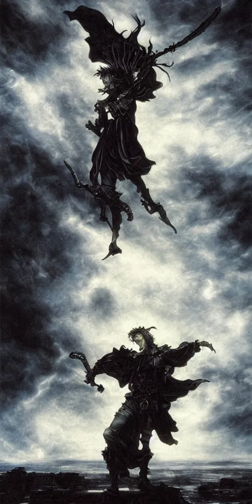 Prompt: donquixote alone in the night during a stormcloud with dramatic airbrushed clouds over black background by Luis royo and Caravaggio airbrush fantasy 80s, realistic masterpiece