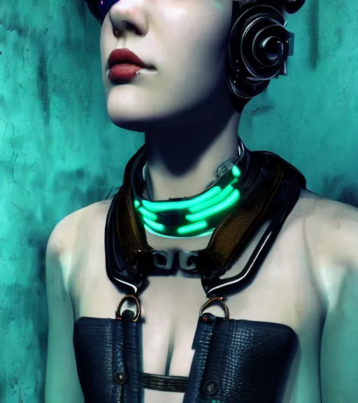 Image similar to detailed realistic female character cyberpunk wearing thick steel collar around neck, realistic, art, beautiful, 4K, collar, choker, collar around neck, punk, artstation, detailed, female, woman, choker, cyberpunk, neon, punk, collar, choker, collar around neck, thick collar, tight around neck, punk, choker