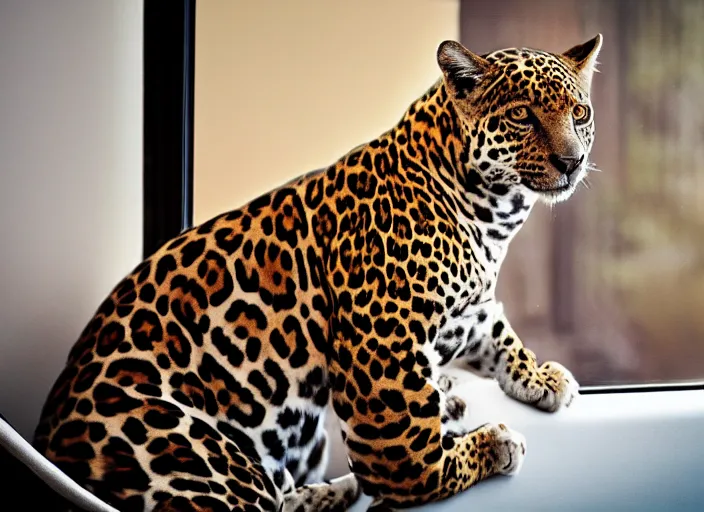 Image similar to photography of a Jaguar Cat . watching outside the window. on a bed. in a 70's room full of vinyls and posters, photorealistic, award winning photo, 100mm, sharp, high res