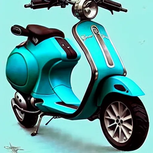 Image similar to a turquoise vespa moped, ultra realistic, concept art, intricate details, detailed, photorealistic, pencil and watercolor, art by artgerm and greg rutkowski