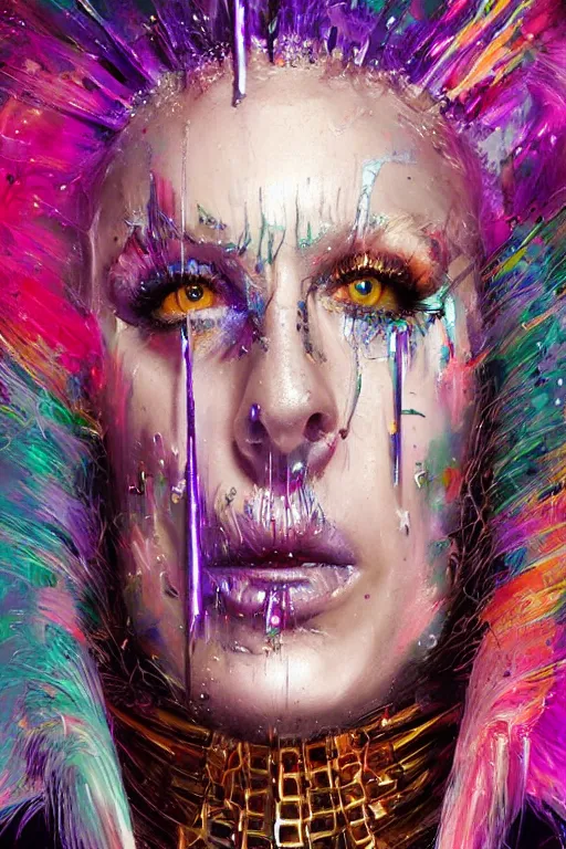 Image similar to portrait, headshot, digital painting, an delightfully mad, wholesome techno - shaman lady, metallic makeup, synthwave, glitch, fracture, crystal hair, realistic, hyperdetailed, chiaroscuro, concept art, painterly, art by john berkey