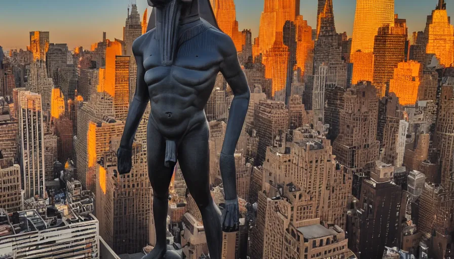 Prompt: a giant anubis statue placed in new york, sunset, drone footage, sharp focus, professional photo