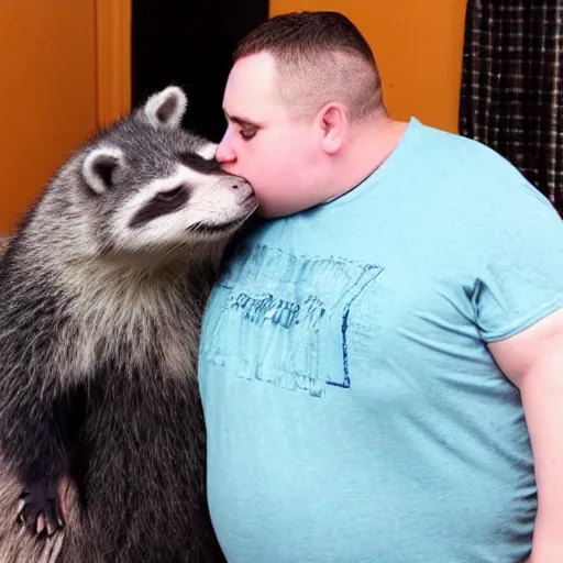 Image similar to obese ava max with dirty clothes kissing a racoon