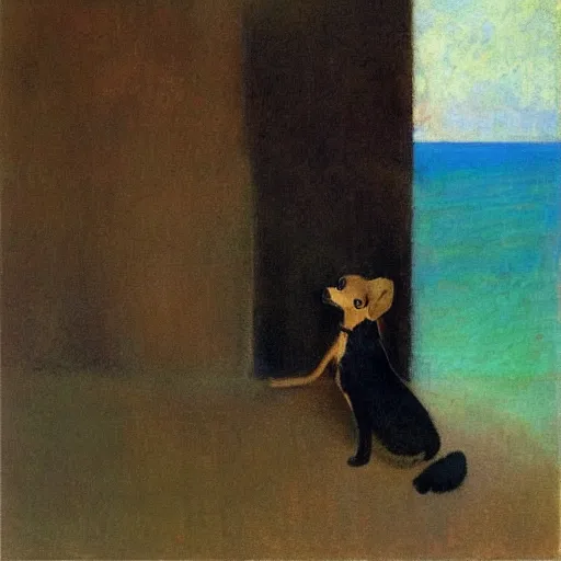 Image similar to a woman and her black and brown chihuahua looking out to sea by odilon redon