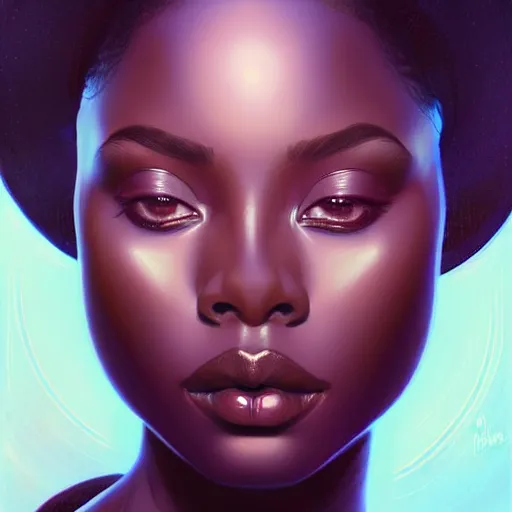 Image similar to Portrait of very very very very very very beautiful african woman, spacesuit, blue eyes, intricate, elegant, highly detailed, digital painting, artstation, concept art, smooth, sharp focus, illustration, art by artgerm and greg rutkowski and alphonse mucha