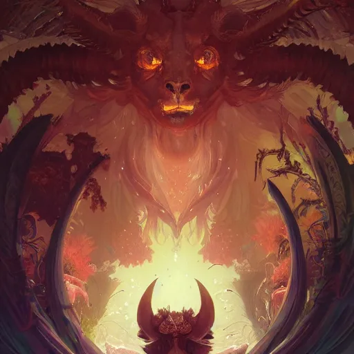 Image similar to Highly detailed portrait of Baphomet, unreal engine, fantasy art by Greg Rutkowski, Loish, Rhads, ferdinand knab, Makoto Shinkai and Lois van baarle, ilya kuvshinov, rossdraws, Tom Bagshaw, alphonse mucha, global illumination, radiant light, detailed and intricate environment