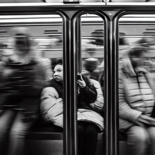 Image similar to people of rer b, subway, atmosphere, sad mood