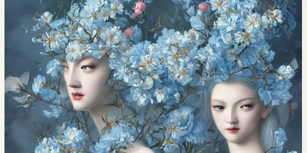 Image similar to breathtaking detailed concept art painting art deco pattern of blonde faces goddesses amalmation light - blue flowers with anxious piercing eyes and blend of flowers and birds, by hsiao - ron cheng and john james audubon, bizarre compositions, exquisite detail, extremely moody lighting, 8 k