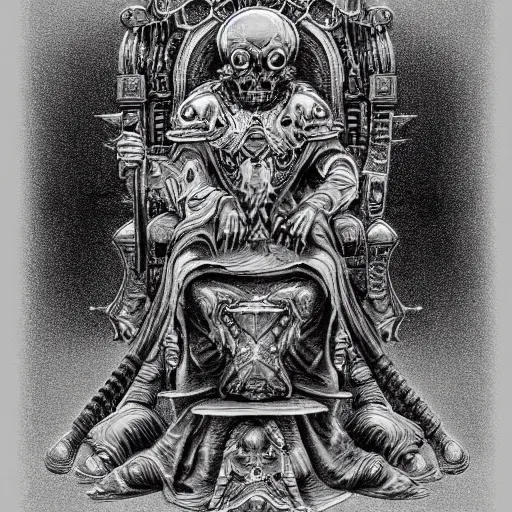 Prompt: pencil illustration. the emperor on his golden throne. 4 0 k. body horror.