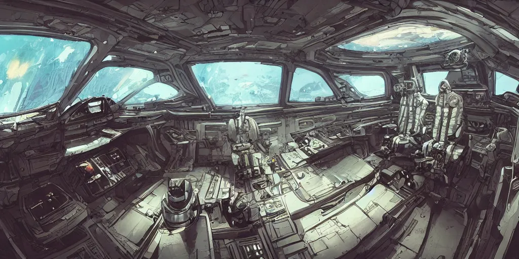 Image similar to Spaceship interior, kim jung gi style, Greg Rutkowski, Zabrocki, Karlkka, Jayison Devadas, trending on Artstation, 8K, ultra wide angle, zenith view, pincushion lens effect