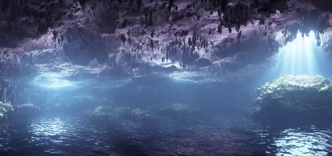 Image similar to beautiful view of an underwater cavern, glowing water with caustics, dark atmosphere, dappled light, reflections, bubbles, refraction, symmetry, cinematic lighting, ultra detailed, sharp, ambient occlusion, bloom, raytracing, by dylan cole, sebastian meyer and jordan grimmer