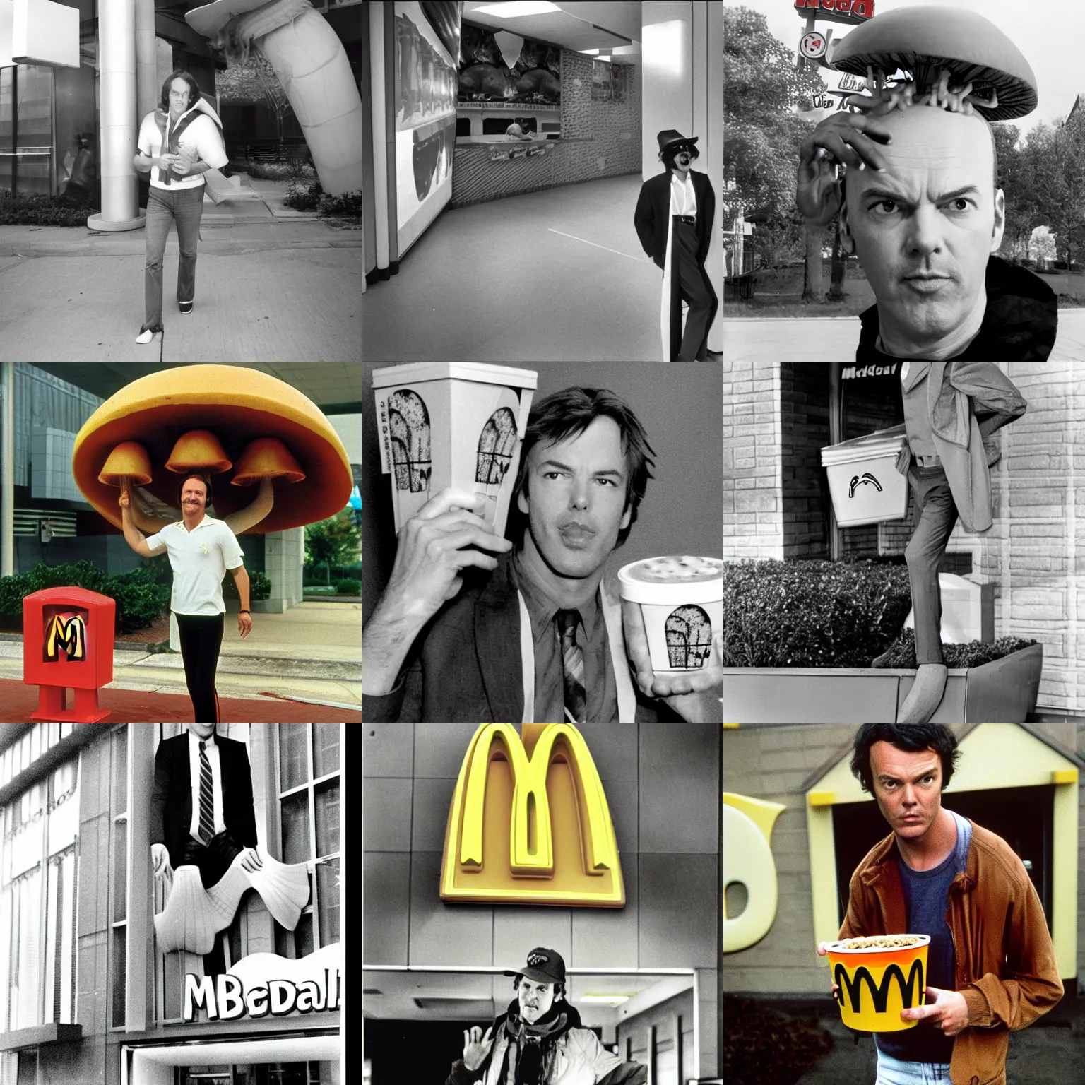 Prompt: Michael Keaton emerging from big building Mcdonalds gigantic fungus mushroom 1981