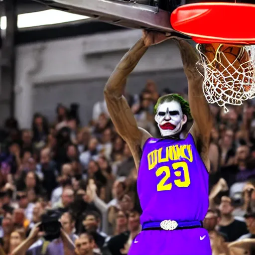 Prompt: photograph of the joker from batman dunking, highlights of the 2 0 1 9 nba slam dunking contest