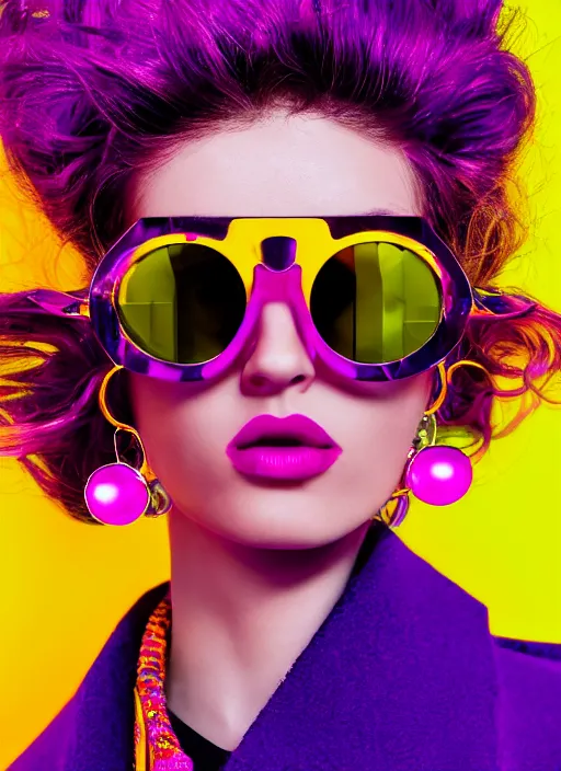 Prompt: coat for a rave,big glasses,hairstyle, big purple earrings, bright colors, many details, prints, photo for a magazine, photo for a store, fashion photography, Vogue, 135 mm, cinematic, hyper realism, high detail, octane render, 8k, chrome accents, very coherent symmetrical artwork, perfect face model