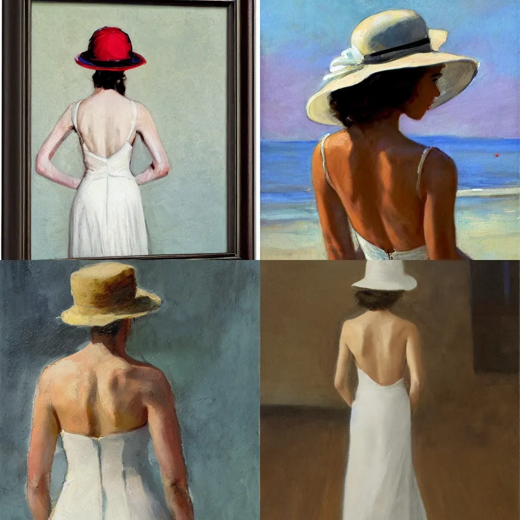 Image similar to woman with hat, back view, wedding dress, by dennis miller bunker