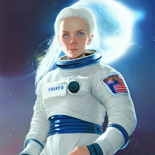 Image similar to portrait of a blue-eyed girl with white hair in a space suit against the background of space, painting by Craig Mullins, octane rendering, soft morning lighting, wide angle lens, in the style of Hayao Miyazaki, trending on artstation,