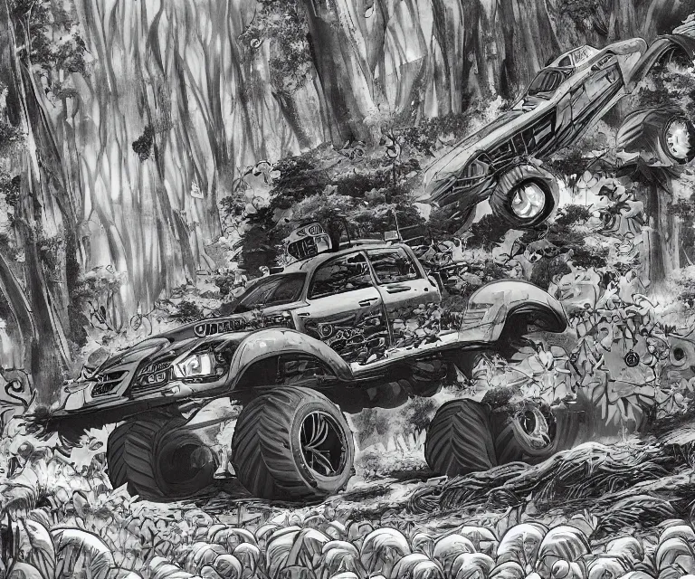 Prompt: monster truck in a forest, anime fantasy illustration by tomoyuki yamasaki, kyoto studio, madhouse, ufotable, comixwave films, trending on artstation