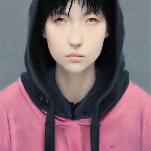 Image similar to Portrait of a woman by Greg Rutkowski, she is about 18 years old, mixture between japanese and british, messy bob black hair, young, pale, tired but friendly look, she's wearing a a pink oversized hoodie and a black adidas tracksuit, highly detailed portrait, scifi, digital painting, artstation, concept art, smooth, sharp foccus ilustration, Artstation HQ