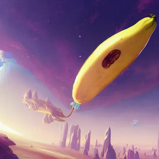 Prompt: a gigantic banana floating in space, illustration by tyler edlin and greg rutkowski, detailed, sharp, masterpiece, highly detailed, photorealistic, octane render, 8 k, unreal engine 5, trending on artstation