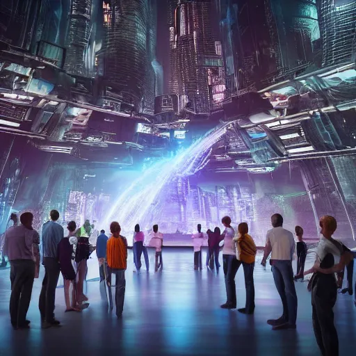 Image similar to large group people in a huge warehouse, looking at hologram of futuristic city on a table | cinematic concept art | godrays | 4 k | clear details | tabletop | tabletop | hologram foreground