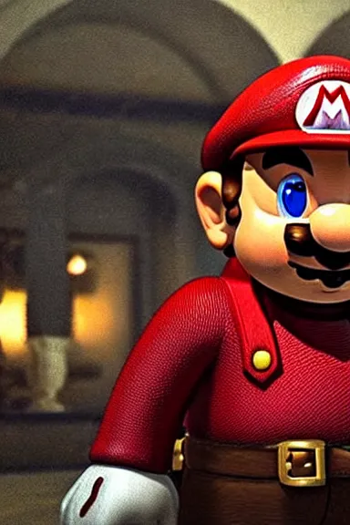 Image similar to “ very very intricate photorealistic photo of a realistic human version of super mario in an episode of game of thrones, photo is in focus with detailed atmospheric lighting, award - winning details ”